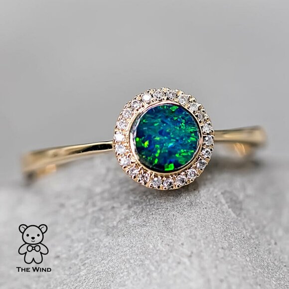 The Wind Opal Jewelry - Minimalist Round Shaped Australian Doublet Opal & Diamond Ring 14K Yellow Gold